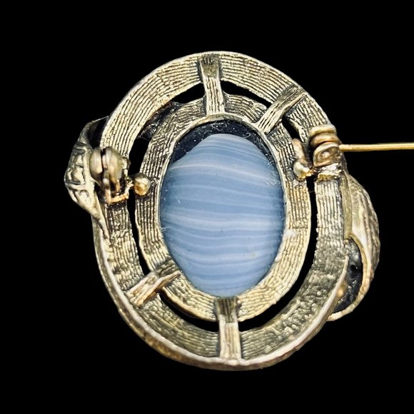 Vintage Silver Tone And Blue Swirl Glass Stone Brooch (4942) - Picture 5 of 6